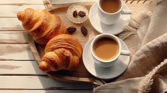A simple yet enticing image of two croissants and a cup of coffee placed on a tray. Perfect for illustrating breakfast, brunch, or a cozy cafe atmosphere