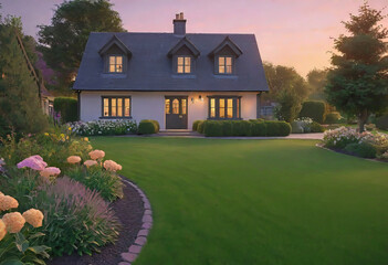A beautiful well-groomed lawn and a flower bed with flowers and shrubs on a personal plot and a path to the house during a bright warm sunset evening, landscape design,