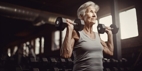 An older woman is shown lifting a pair of dumbbells in a gym. This image can be used to depict fitness, exercise, and active lifestyles - obrazy, fototapety, plakaty
