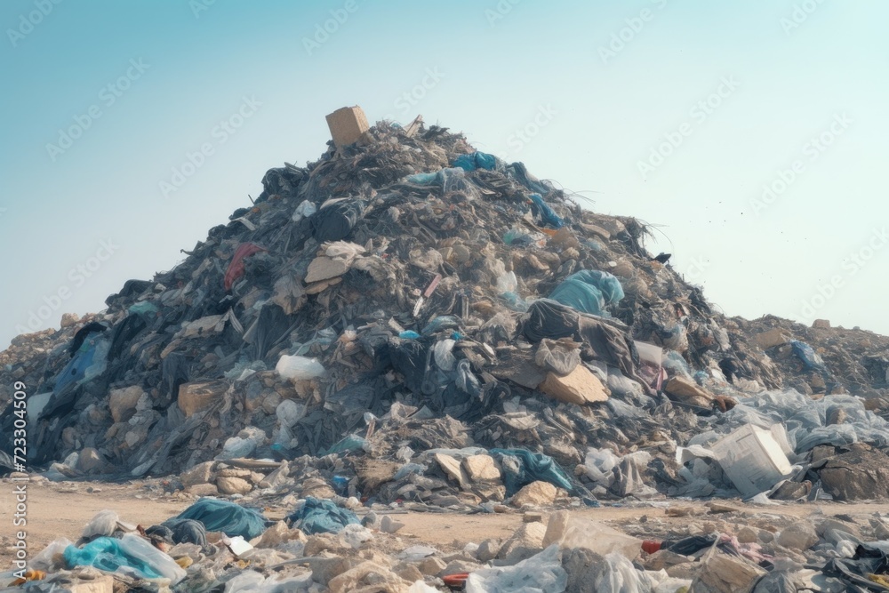 Poster a pile of garbage sitting on top of a sandy beach. perfect for illustrating pollution and environmen
