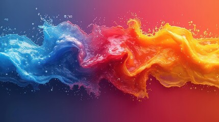  three different colors of liquid on a blue, red, yellow and pink background with a splash of water on the left side of the image. - obrazy, fototapety, plakaty