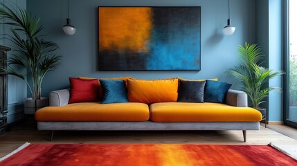  a living room with a large painting on the wall and a couch in the middle of the room with a red rug on the floor.