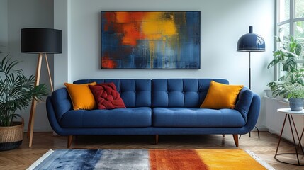  a blue couch sitting in a living room next to a painting on the wall and a lamp on top of a table.