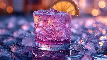  a close up of a purple drink with a slice of lemon on the rim of the glass and ice cubes on the bottom of the glass and on the table. - obrazy, fototapety, plakaty