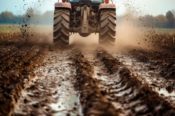 Powerful Tractor Leaves Indelible Mark On Muddy Terrain: Stunning Symmetrical Photo With Centered Composition And Ample Copy Space