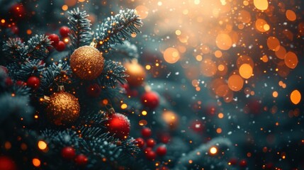  a close up of a christmas tree with red and gold baubles on it and blurry lights in the background.