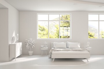 Grey lbedroom concept. Scandinavian interior design. 3D illustration