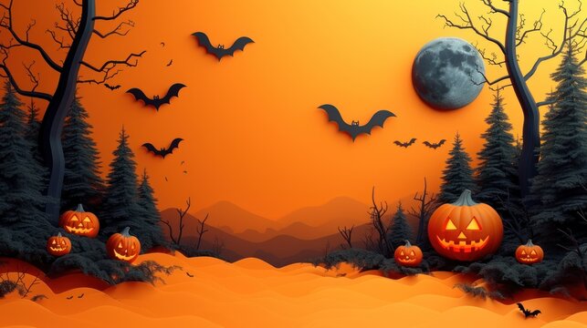  a painting of a halloween scene with pumpkins and bats in the foreground and a full moon in the background.