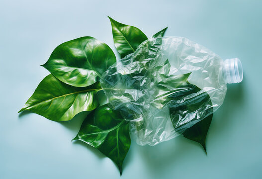 Green leaves emerging from a crumpled plastic bottle. Generative AI image
