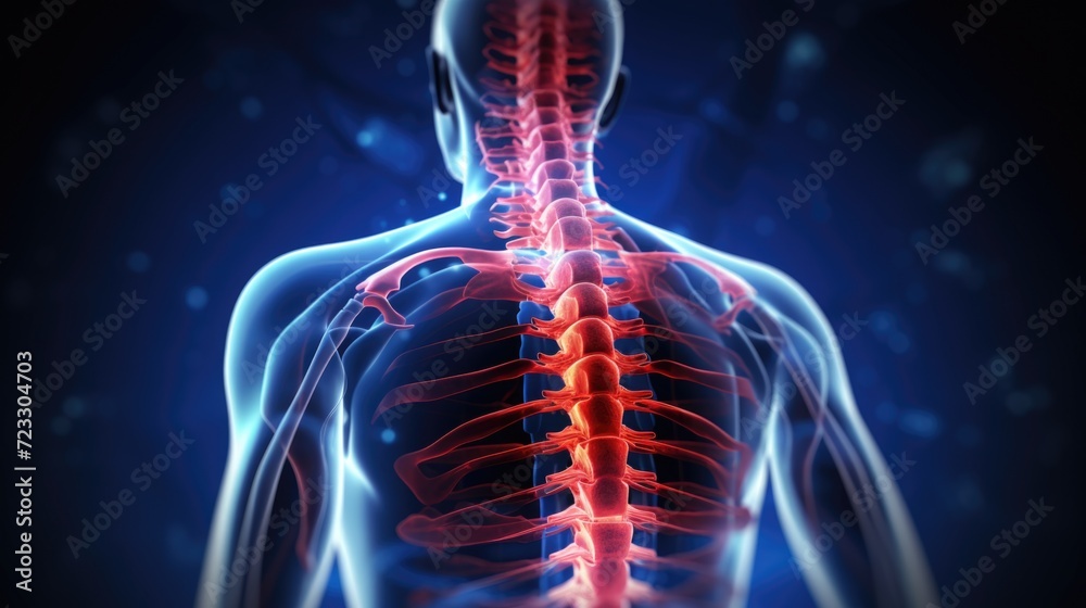 Poster A close-up image of a man's back with a highlighted skeleton. This image can be used to illustrate anatomy, medical concepts, or Halloween-themed designs