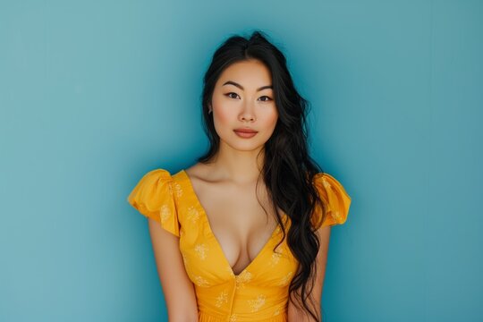 Vibrant Asian Woman In Sunny Yellow Dress Stands Out On Blue Backdrop