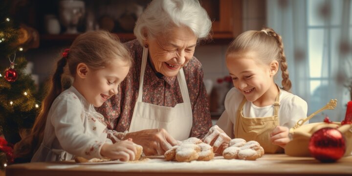 An older woman and two young girls are seen in the process of making doughnuts. This image can be used to showcase family bonding, cooking activities, or culinary traditions