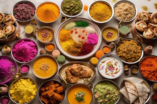 Vibrant Array Of Scrumptious Traditional Indian Delicacies For Holi Festival Celebration