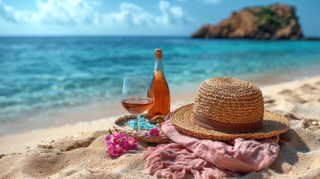  a bottle of wine, a straw hat, and a scarf sit on the sand of a beach with the ocean in the background.