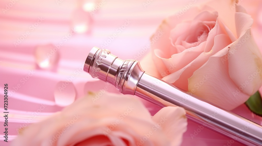 Poster A close-up view of a pen with a beautiful rose in the background. Perfect for romantic or writing-themed projects