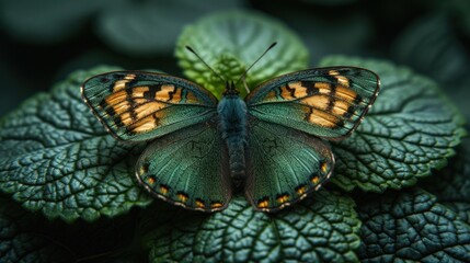  a green and yellow butterfly sitting on top of a green leaf covered in yellow and brown markings on it's wings.