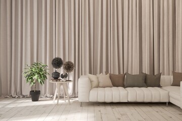 White living room with sofaand fabric curtains decorated wall. 3D illustration