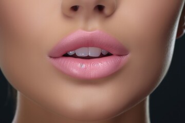 Close up of a woman's mouth with a pink lip. Can be used for beauty, cosmetics, or fashion-related projects