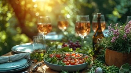  a close up of a plate of food on a table with glasses of wine and plates and utensils.