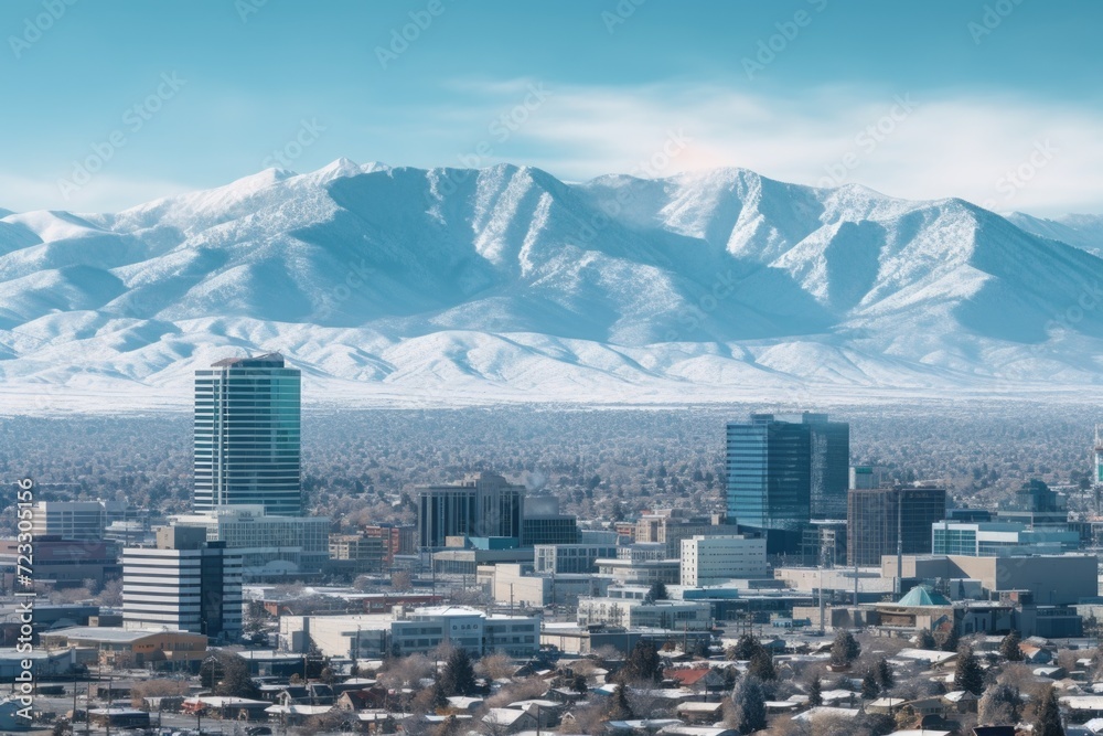 Poster a picturesque view of a city with majestic mountains in the background. this image can be used to sh