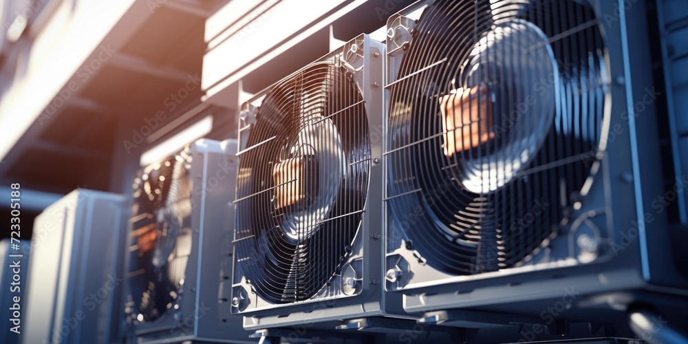 Poster a row of air conditioners stacked on top of each other. suitable for illustrating climate control, e