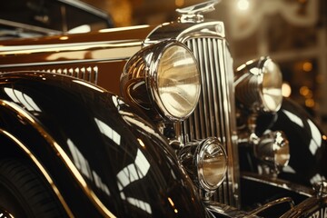Vintage car headlights in a close-up shot. Perfect for automotive enthusiasts and vintage car collectors - obrazy, fototapety, plakaty