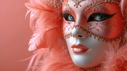  a close up of a woman's face wearing a red and pink mask with feathers on it and a pink background.
