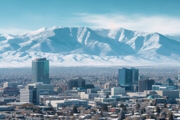 A picturesque view of a city with majestic mountains in the background. This image can be used to showcase the beauty of urban landscapes surrounded by natural scenery