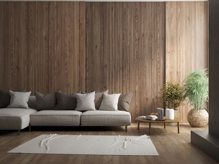 Wooden interior design of modern apartment. Interior mockup. Scandinavian interior design. 3D illustration