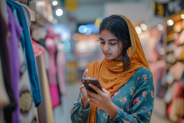Young Indian Woman Using Smartphone For Online Communication And Shopping