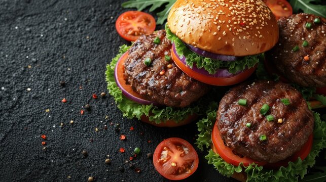  a pile of hamburgers with lettuce, tomato, and onion on a black surface with a sprig of lettuce.