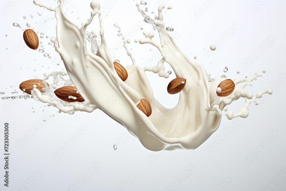 Poster a captivating image of a milk splash with almonds, perfect for various uses