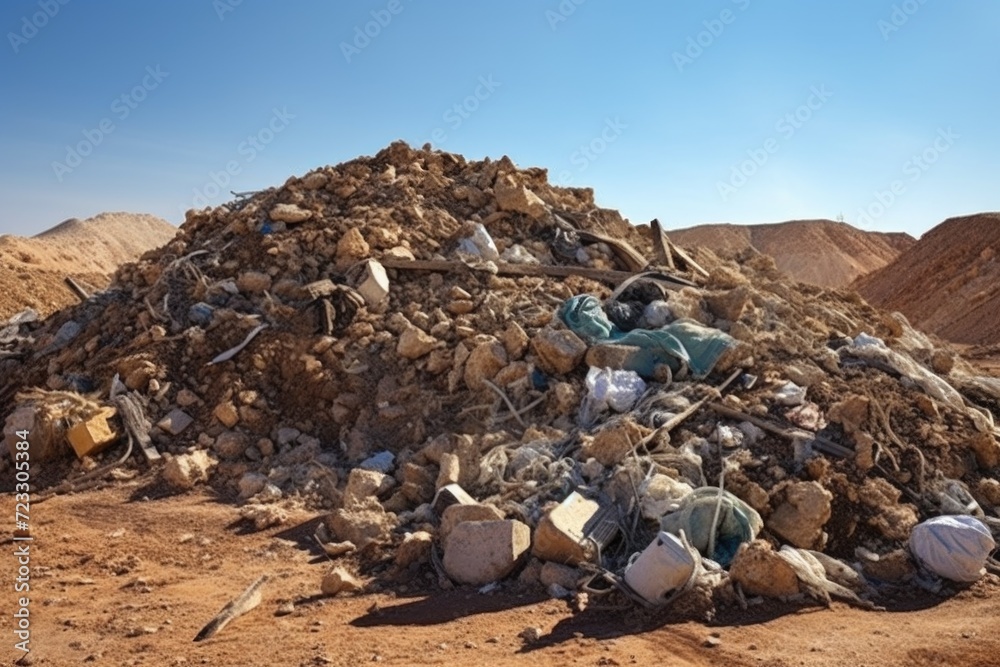 Poster a pile of garbage sitting on top of a dirt field. suitable for illustrating environmental pollution 