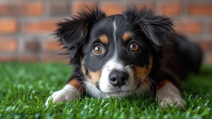  a black and brown dog laying on top of a lush green field of grass with a brick wall in the background.