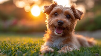  a small brown dog laying on top of a lush green grass covered field with the sun setting in the background.