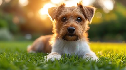  a small brown and white dog laying on top of a lush green field of grass with the sun shining through the trees behind it.