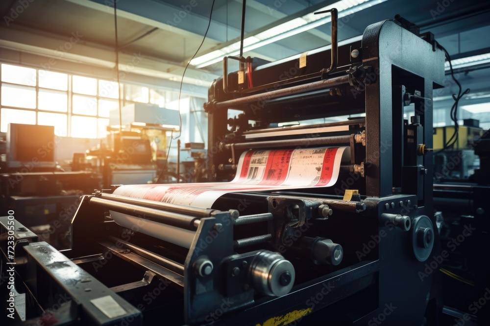 Poster A machine in action, printing a piece of paper. Ideal for illustrating the process of printing or showcasing a modern printing facility.