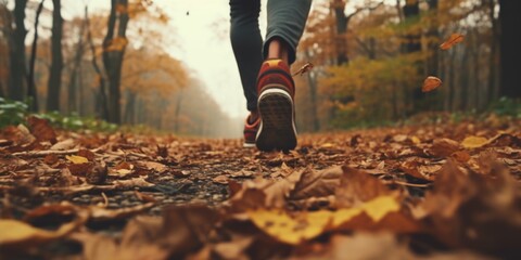 A person walking on a path covered in fallen leaves. Suitable for nature, autumn, and outdoor-themed designs