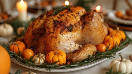  a roasted turkey sits on a platter surrounded by pumpkins and gourds with candles in the background.