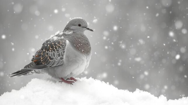  a bird sitting on top of a pile of snow next to a black and white picture of snow flakes.
