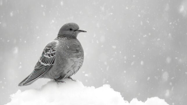  a black and white photo of a bird sitting on top of a pile of snow with snow flakes on the ground.