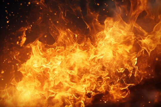 A close-up view of a fire on a black background. This image can be used to represent warmth, energy, or a burning passion. Ideal for backgrounds, advertisements, or creative projects