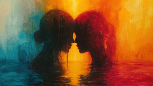  A Painting Of Two People Facing Each Other In Front Of A Yellow And Blue Background With A Reflection Of Them In The Water.