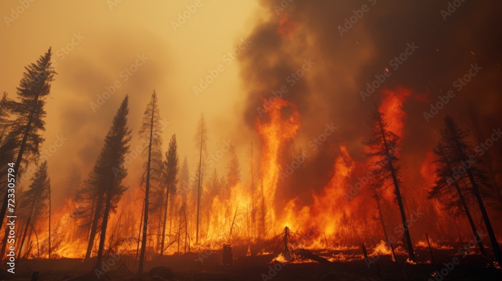 Poster A man bravely stands in front of a raging forest fire. This image captures the intensity and danger of wildfires. Perfect for illustrating the impact of climate change or the bravery of firefighters
