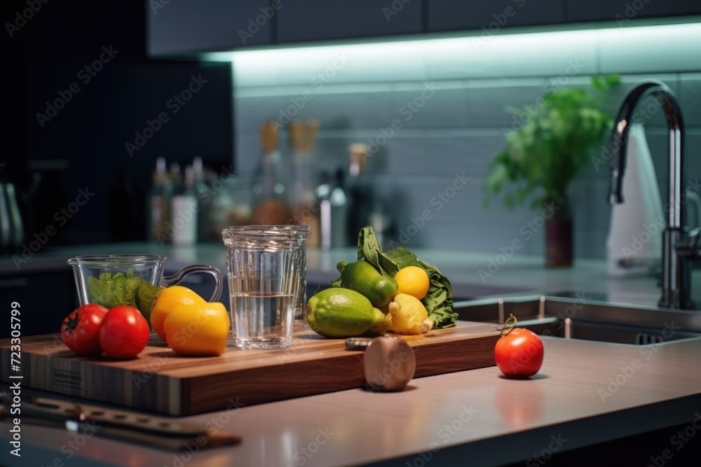 Poster a kitchen counter topped with a cutting board filled with an assortment of fresh and colorful fruits