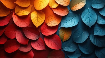  a close up of a bunch of leaves with a color scheme of red, yellow, blue, and green. - obrazy, fototapety, plakaty