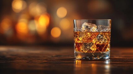  a glass of whiskey with ice cubes sitting on a wooden table in front of a boke of lights.