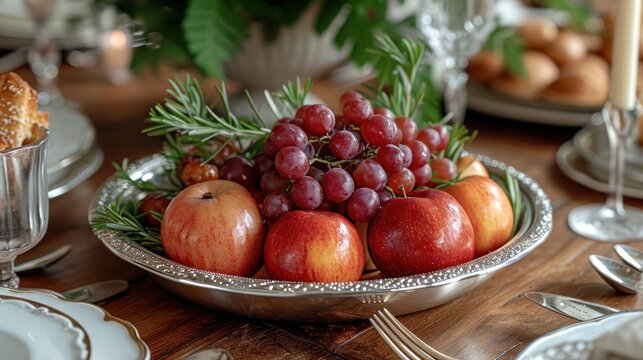  a bowl filled with apples and grapes on top of a wooden table next to a plate with silverware and utensils on top of a wooden table with silverware.
