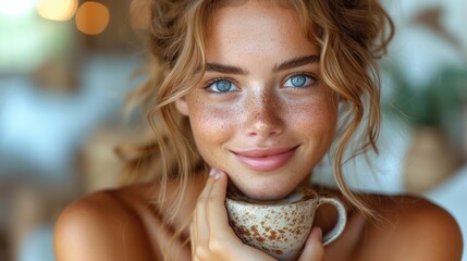  a close up of a woman with blue eyes holding a coffee cup in one hand and looking at the camera. - obrazy, fototapety, plakaty