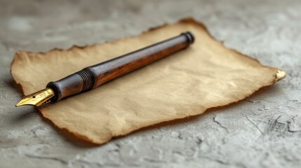  a pen sitting on top of a piece of parchment paper on top of a wooden pen rest on top of a piece of parchment paper.